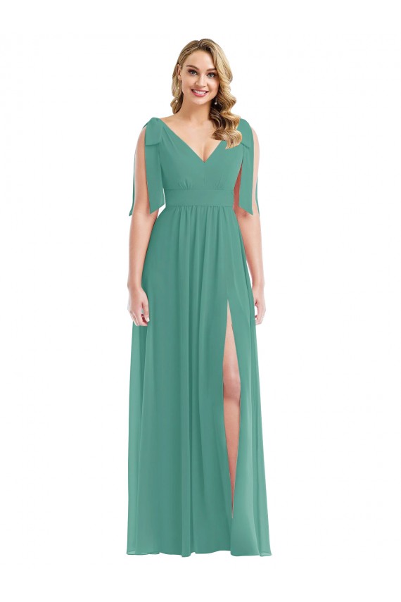 Achat Argent islandais Trapèze Col V Mousseline Longue Robes demoiselle d'honneur