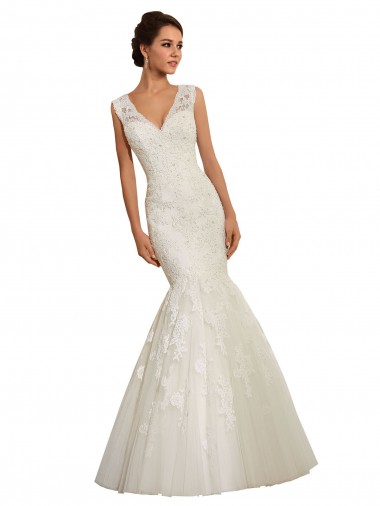Achat Blanc Sirène Col V Tulle Dentelle Robes de mariée