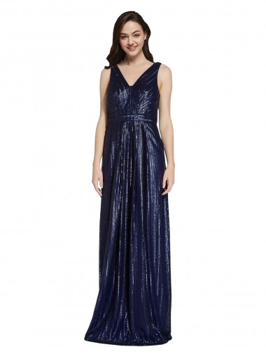 Achat Bleu marine foncé Fourreau Col V Paillette Longue Formelles Robes demoiselle d'honneur / Robes de soirée / Robes de bal