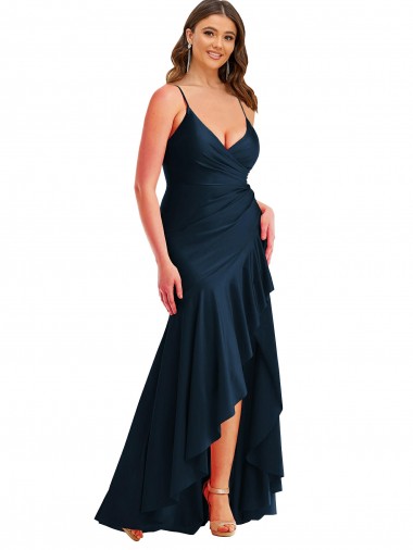 Achat Bleu marine foncé Sirène Bretelles spaghetti Satiné Soyeux Longue Asymétrique Formelles Robes demoiselle d'honneur / Robes de soirée / Robes de bal