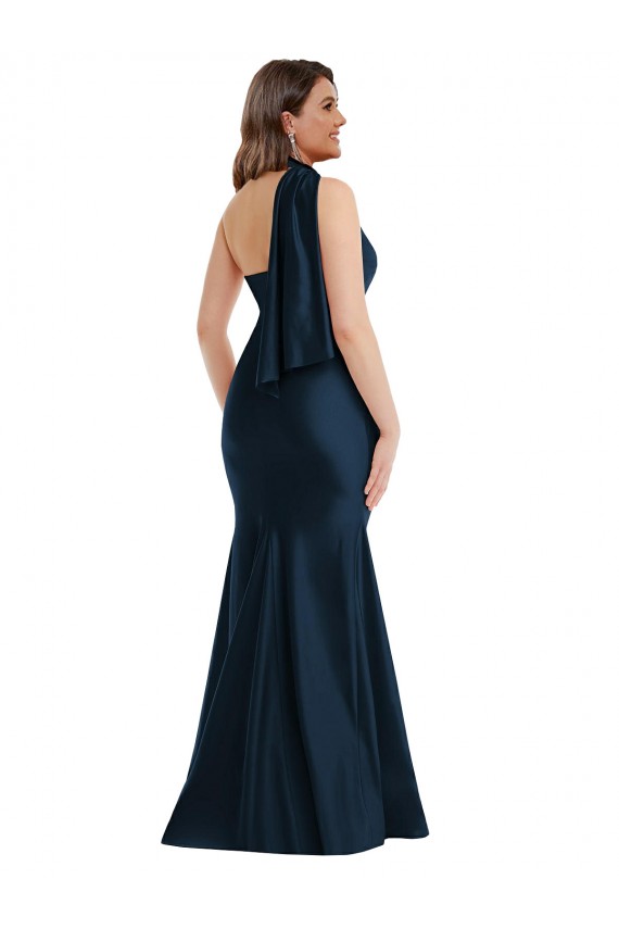 Achat Bleu marine foncé Sirène Licou Satiné Soyeux Longue Formelles Robes demoiselle d'honneur / Robes de soirée / Robes de bal