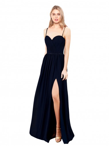 Achat Bleu marine foncé Trapèze Bretelles spaghetti Mousseline Longue Formelles Robes demoiselle d'honneur / Robes de soirée