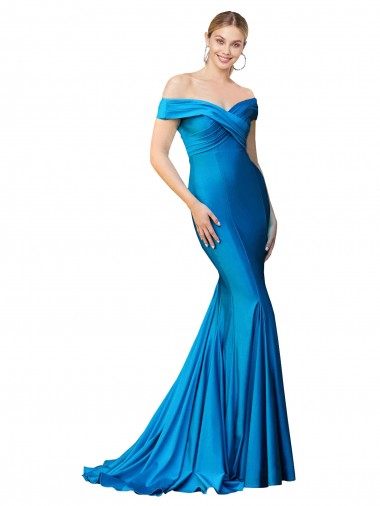 Achat Bleu paon Sirène Épaule Dénudée Satiné Longue Formelles Robes demoiselle d'honneur / Robes de soirée / Robes de bal