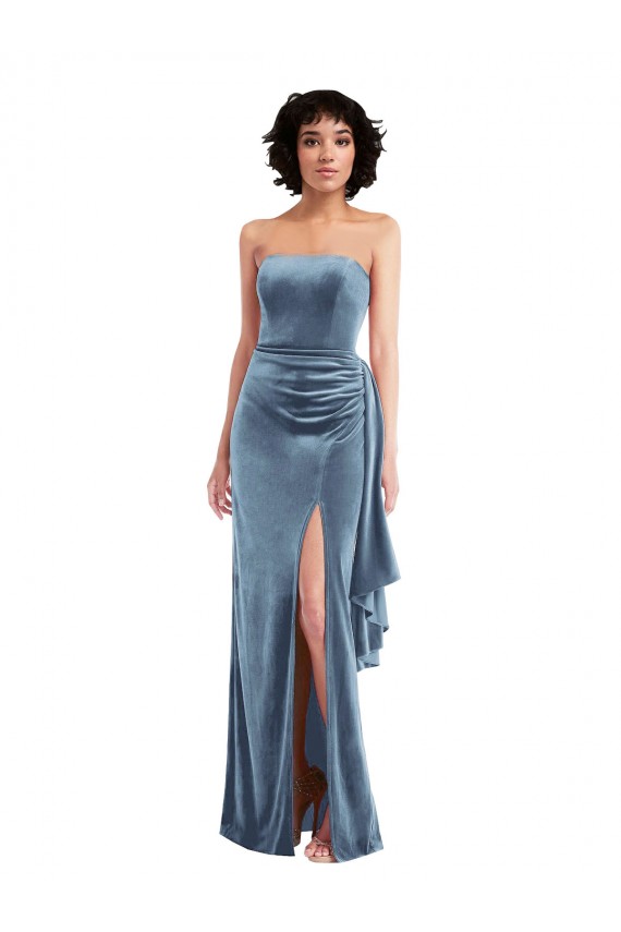 Achat Bleu poussiéreux Fourreau Sans bretelle Velours Stretch Longue Formelles Robes demoiselle d'honneur / Robes de soirée / Robes de bal