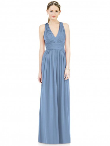 Achat Bleu poussiéreux Trapèze Col V Mousseline Longue Robes demoiselle d'honneur