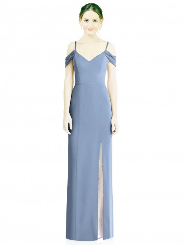 Achat Bleu poussiéreux Trapèze Épaule Dénudée Mousseline Longue Formelles Robes demoiselle d'honneur / Robes de soirée