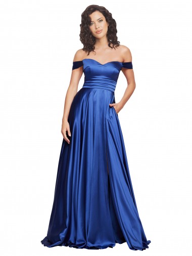 Achat Bleu roi Trapèze Épaule Dénudée Balayage train Satiné Stretch Longue Formelles Robes demoiselle d'honneur / Robes de soirée / Robes de bal