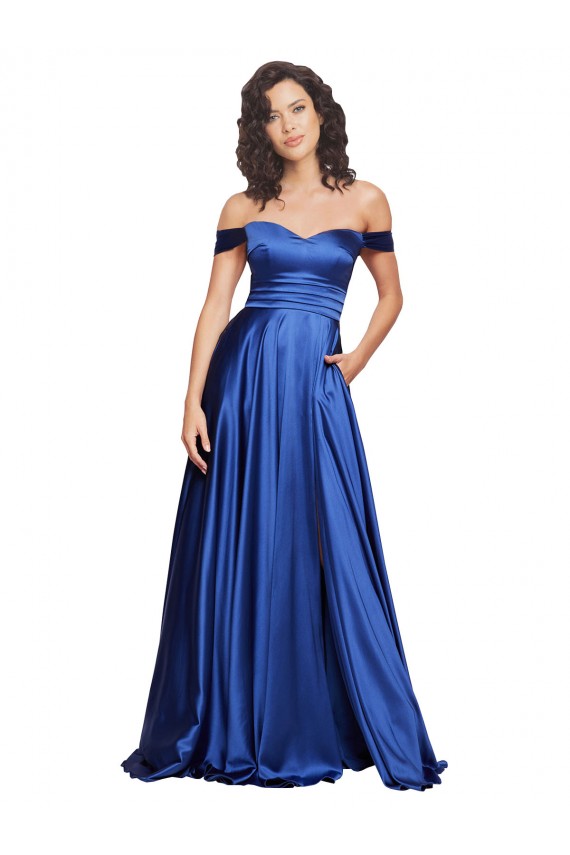 Achat Bleu roi Trapèze Épaule Dénudée Balayage train Satiné Stretch Longue Formelles Robes demoiselle d'honneur / Robes de soirée / Robes de bal
