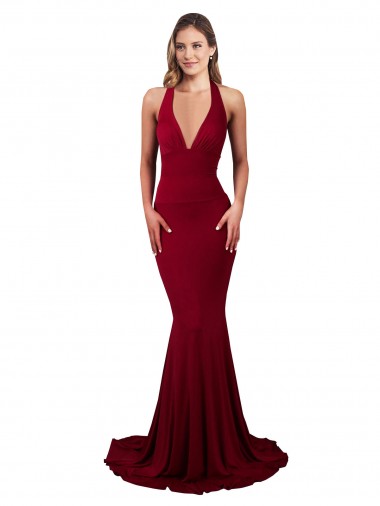 Achat Bordeaux Sirène Licou Col V Spandex Longue Formelles Robes demoiselle d'honneur / Robes de soirée / Robes de bal