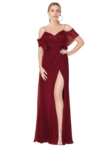 Achat Bordeaux Trompette Épaule Dénudée Mousseline Longue Formelles Robes demoiselle d'honneur / Robes de soirée / Robes de bal