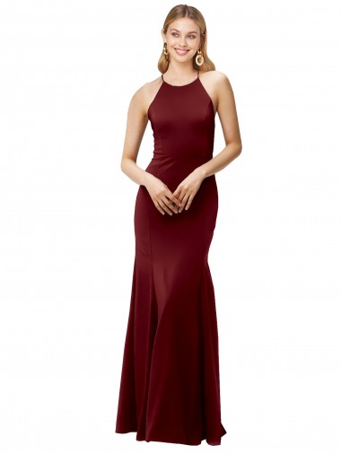 Achat Bordeaux foncé Sirène Licou Col Haut Crêpe Stretch Longue Formelles Robes demoiselle d'honneur / Robes de soirée / Robes de bal