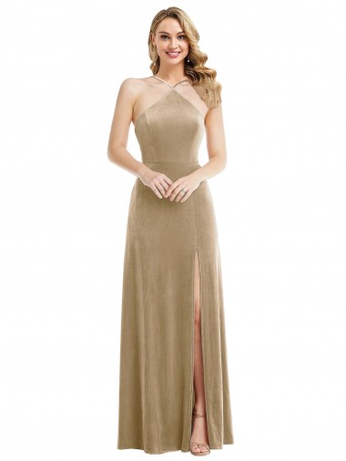 Achat Champagne Trapèze Licou Col Haut Velours Stretch Longue Robes demoiselle d'honneur / Robes de bal