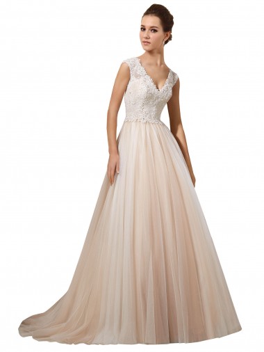 Achat Ivoire & Champagne Trapèze Col V Tulle Dentelle Robes de mariée
