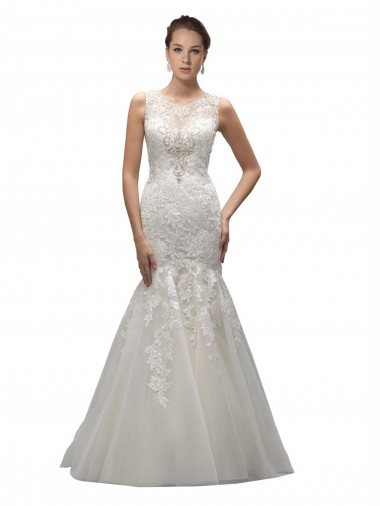 Achat Ivoire Sirène Illusion Balayage train Tulle Dentelle Robes de mariée