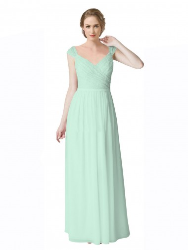 Achat Menthe verte Trapèze Col V Mousseline Dentelle Longue Robes demoiselle d'honneur