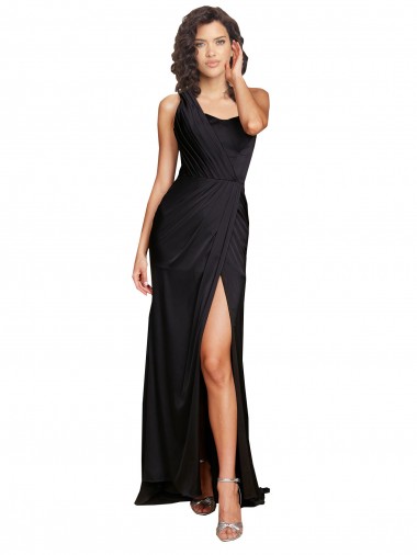 Achat Noir Trapèze Satiné Soyeux Longue Formelles Robes demoiselle d'honneur / Robes de soirée / Robes de bal