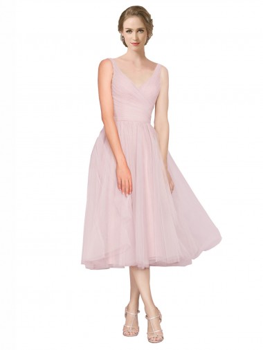 Achat Rose Trapèze Col V Tulle Courte Robes demoiselle d'honneur / Robes de cocktail