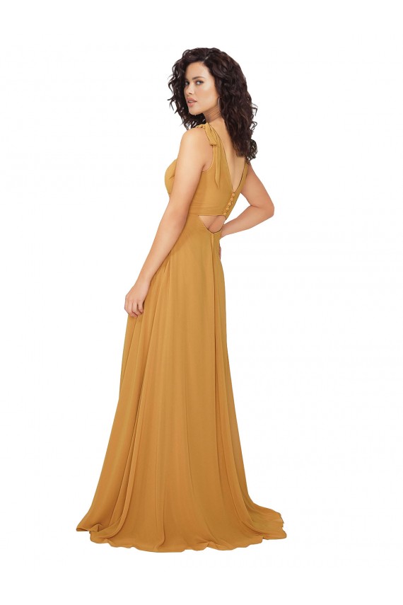 Achat Safran Trapèze Col V Mousseline Longue Robes demoiselle d'honneur