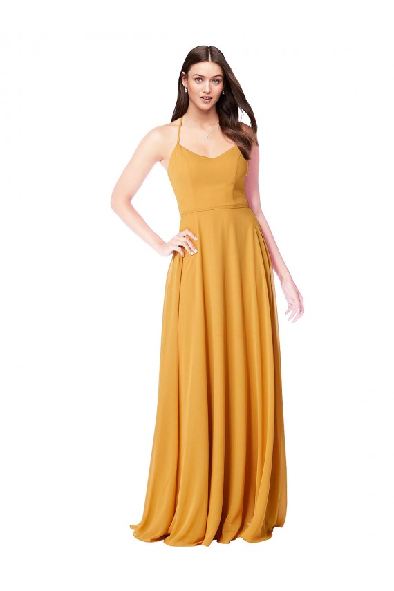 Achat Safran Trapèze Col V Mousseline Longue Robes demoiselle d'honneur