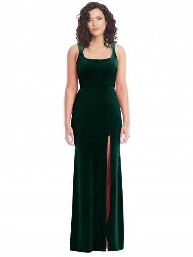 Achat Vert foncé Trompette Col Carré Velours Stretch Longue Robes demoiselle d'honneur / Robes de bal